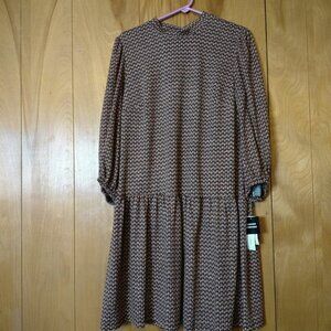Sandra Darren Brown Patterned Dress Size Large Prairie Boho Peasant Modest NEW